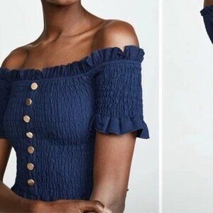 Suboo Anthropologie Blue Cropped Ruffled Shirt Top Linen Blend Stretch 0 XS